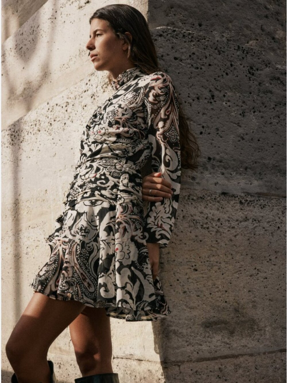 Zara Damask Sheer Ruched Paisley Mini Dress